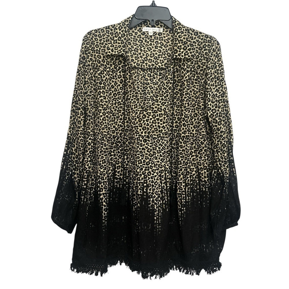 Karyn Seo Blouse Size Large Leopard Print Witchy Tassels Fringe Trim Flowy Boho